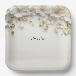 Ivory White Floral Gold Leaves Paper Plate