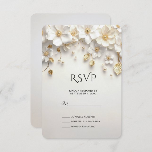Ivory White Floral Gold Leaves RSVP Card (Front/Back)