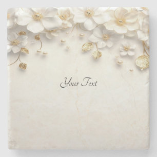 Ivory White Floral Gold Leaves Stone Coaster