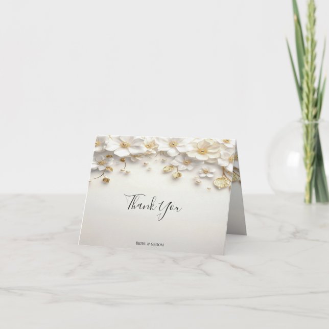 Ivory White Floral Gold Leaves Thank You Card (Front)