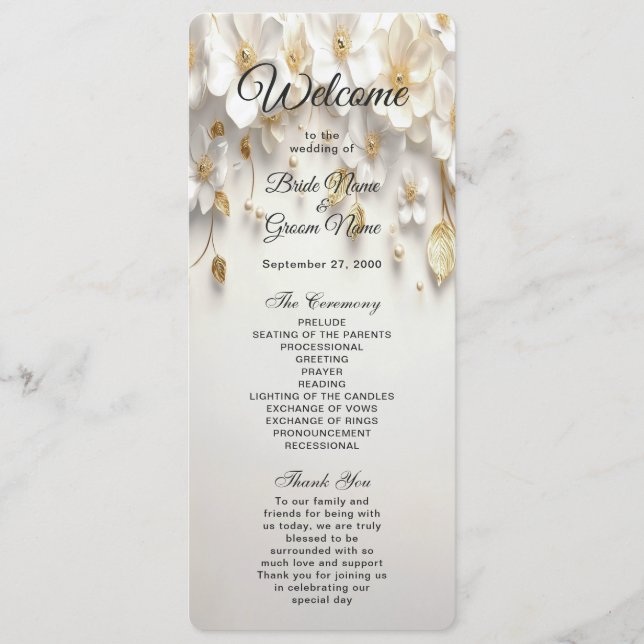 Ivory White Floral Gold Leaves Wedding Program Programme (Front)