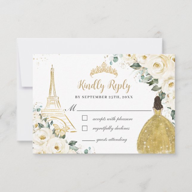 Ivory White Floral Gold Paris Princess Quinceañera RSVP Card (Front)