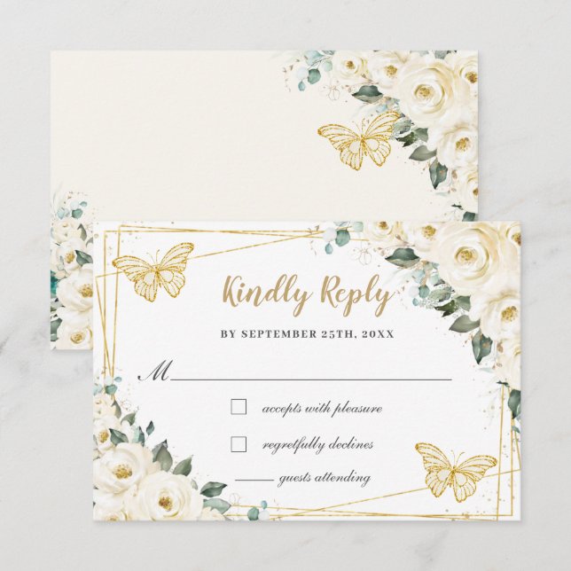 Ivory White Floral Gold Quinceañera Princess Reply RSVP Card (Front/Back)
