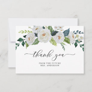 Ivory White Floral Greenery Elegant Bridal Shower Thank You Card