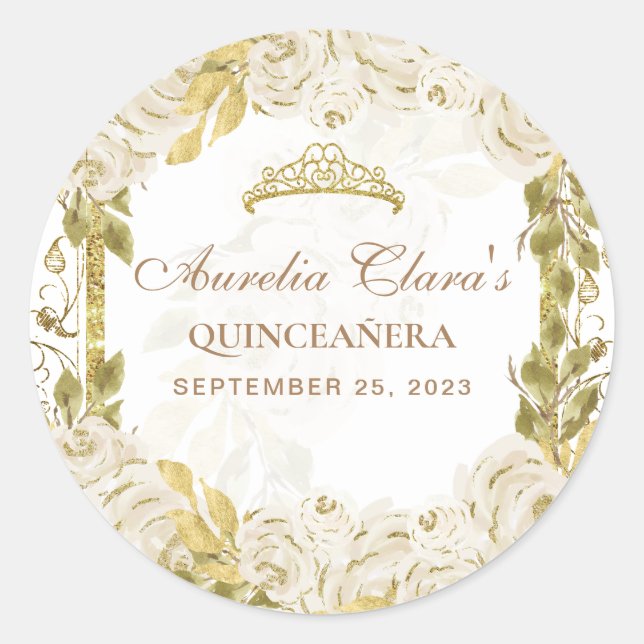 Ivory White Floral Princess Gold Arch Quinceanera Classic Round Sticker (Front)