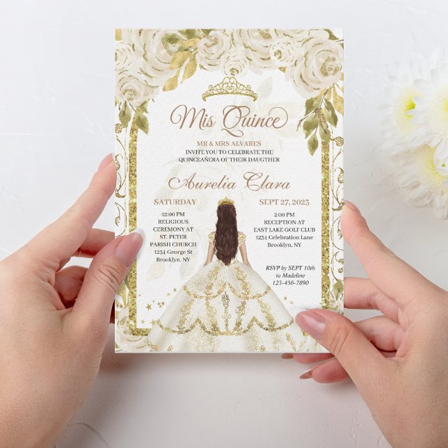 Ivory White Floral Princess Gold Arch Quinceanera Invitation (Creator Uploaded)