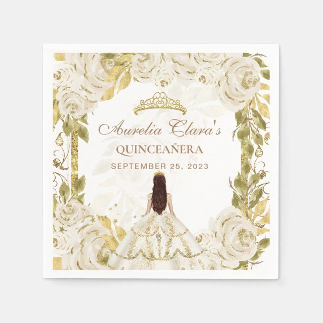 Ivory White Floral Princess Gold Arch Quinceanera Napkin (Front)