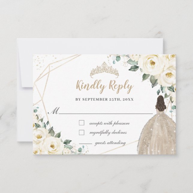 Ivory White Floral Quinceañera Champange Dress RSVP Card (Front)