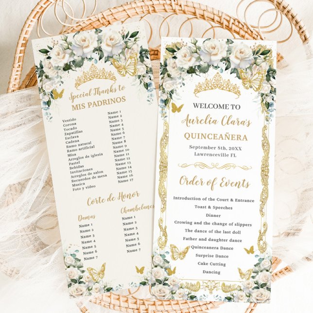 Ivory White Floral Quinceañera Order of Events Programme (white ivory roses floral gold quinceanera padrinos corte de honor order of events slim program cards)