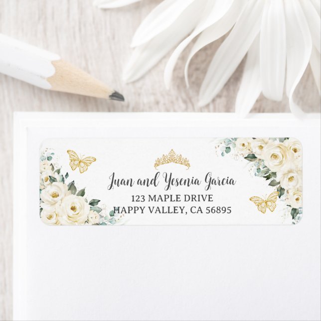 Ivory White Floral Quinceanera Return Address (Insitu)