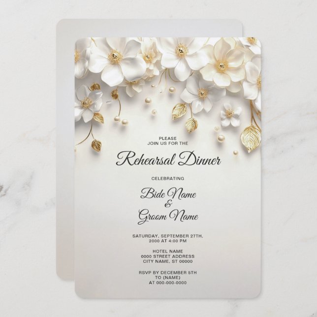 Ivory White Floral Rehearsal Dinner Invitation (Front/Back)