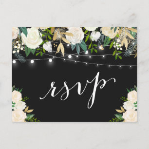 Ivory White Floral String Lights Wedding RSVP Invitation Postcard