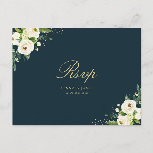 Ivory white floral wedding RSVP Postcard (Front)