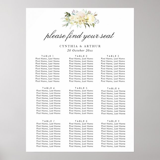 ivory white floral wedding seating chart (Front)