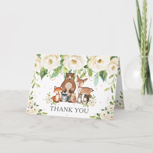 Ivory White Floral Woodland Animals Baby Shower Thank You Card (Front)