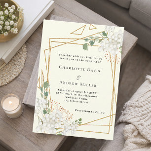 Ivory white florals gold geometric wedding invitation
