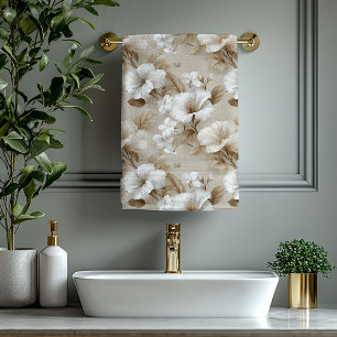 Ivory white flower earthy beige elegant boho style bath towel set