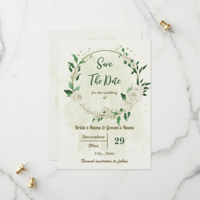 ivory white flowers botanical wedding save the date (Front/Back In Situ)