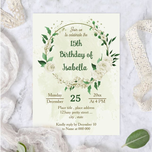 Ivory white flowers greenery birthday invitation (Creator Uploaded)