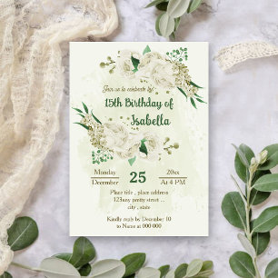 Ivory white flowers greenery birthday invitation