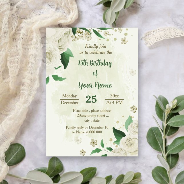 Ivory white flowers greenery birthday invitation (Creator Uploaded)