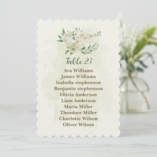 Ivory white flowers greenery seating chart card (Standing Front)