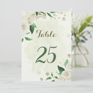Ivory white flowers greenery table number card
