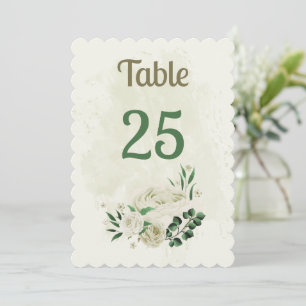 Ivory white flowers greenery table number card