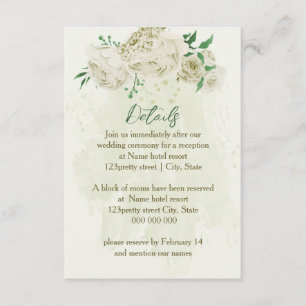Ivory white flowers greenery wedding details enclosure card