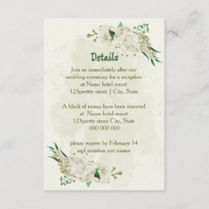 Ivory white flowers greenery wedding details enclosure card