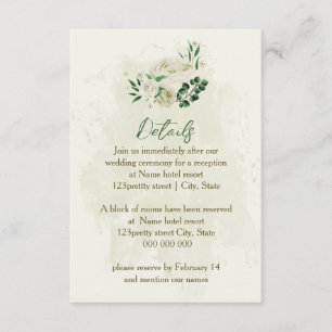 Ivory white flowers greenery wedding details enclosure card