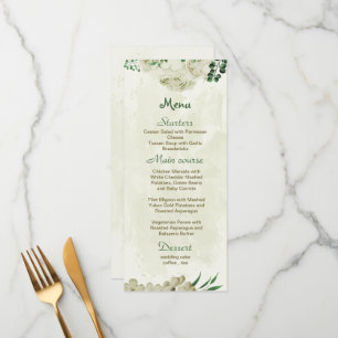 Ivory white flowers greenery wedding menu