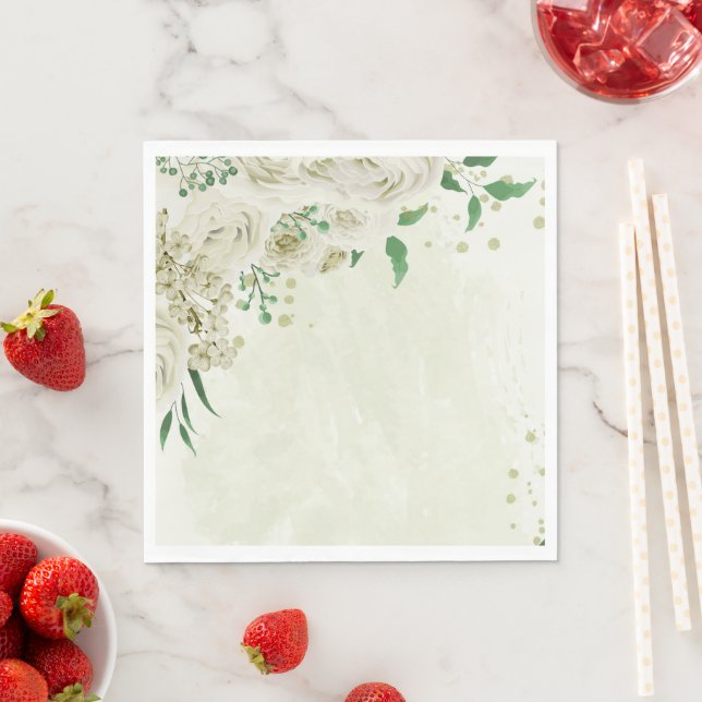 Ivory white flowers greenery wedding napkin (Insitu)