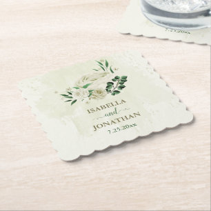 Ivory white flowers greenery wedding paper coaster