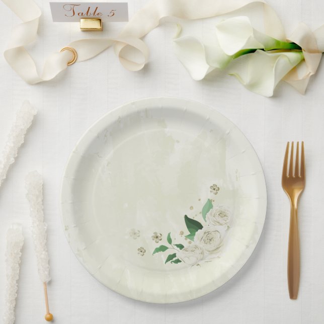 Ivory white flowers greenery wedding paper plate (Wedding)