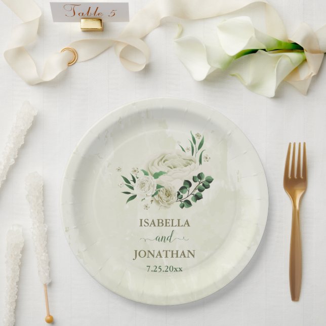 Ivory white flowers greenery wedding paper plate (Wedding)
