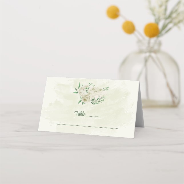 Ivory white flowers greenery wedding place card (Front)