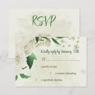 Ivory white flowers greenery wedding RSVP card