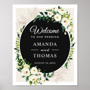 Ivory White Greenery Flowers Wedding Welcome Sign