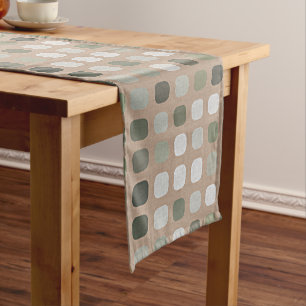 Ivory White Grey Olive Green Round Squares Pattern Medium Table Runner