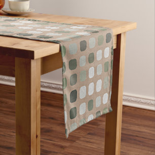 Ivory White Grey Olive Green Round Squares Pattern Short Table Runner