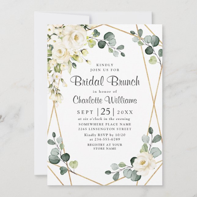 Ivory White Rose Eucalyptus Greenery Bridal Brunch Invitation (Front)