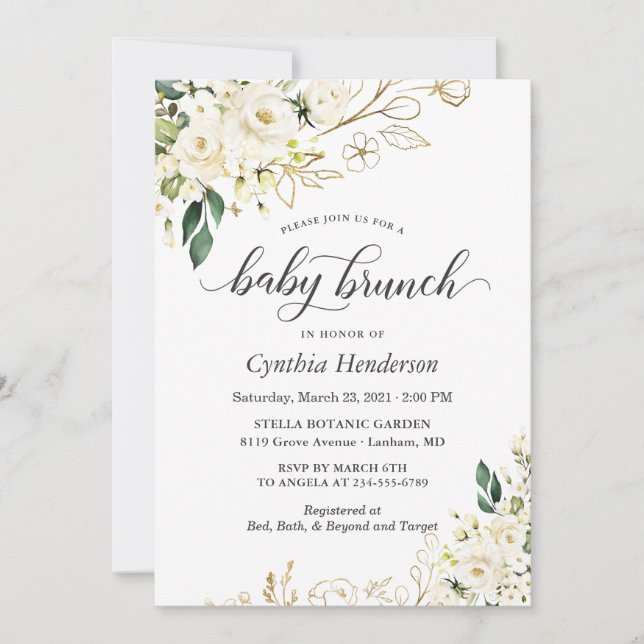 Ivory White Rose Floral Baby Shower Brunch Invitation