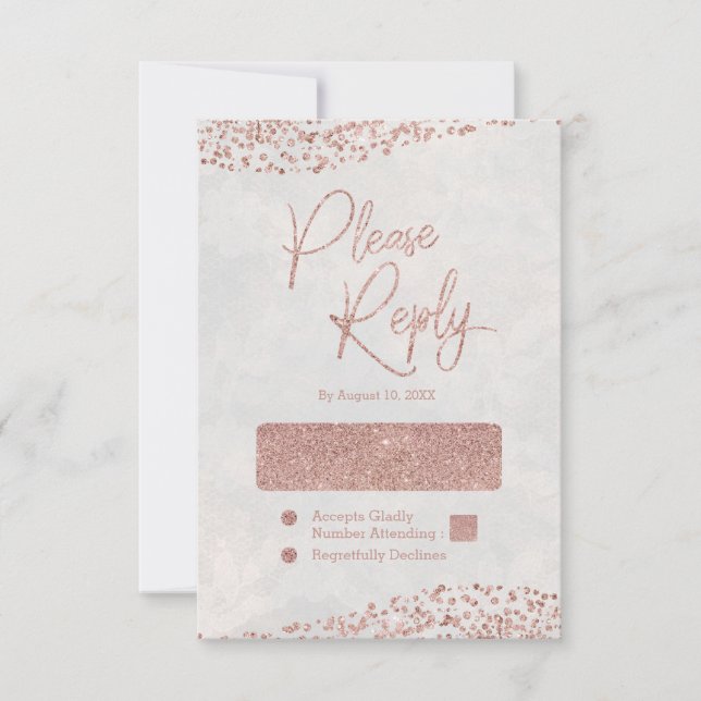 Ivory White & Rose Gold Glam Wedding Reply RSVP Card (Front)