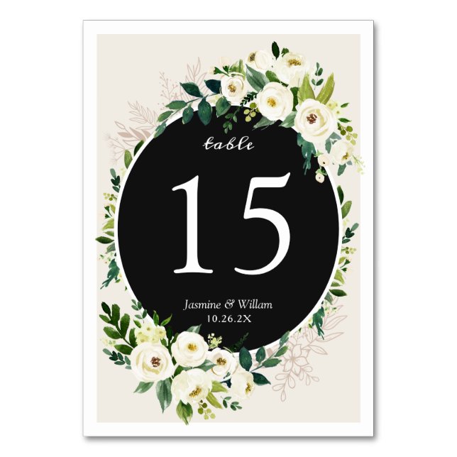 Ivory White Rose Greenery Wedding Table Number (Front)
