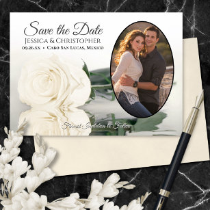 Ivory White Rose with Oval Photo Romantic Wedding Save The Date