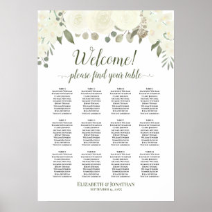 Ivory White Roses 12 Table Wedding Seating Chart