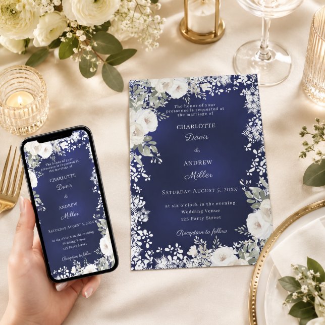 Ivory white roses blue snow winter wedding invitation (Creator Uploaded)