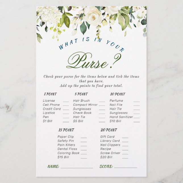 Ivory White Roses Floral Bridal Shower Game (Front)