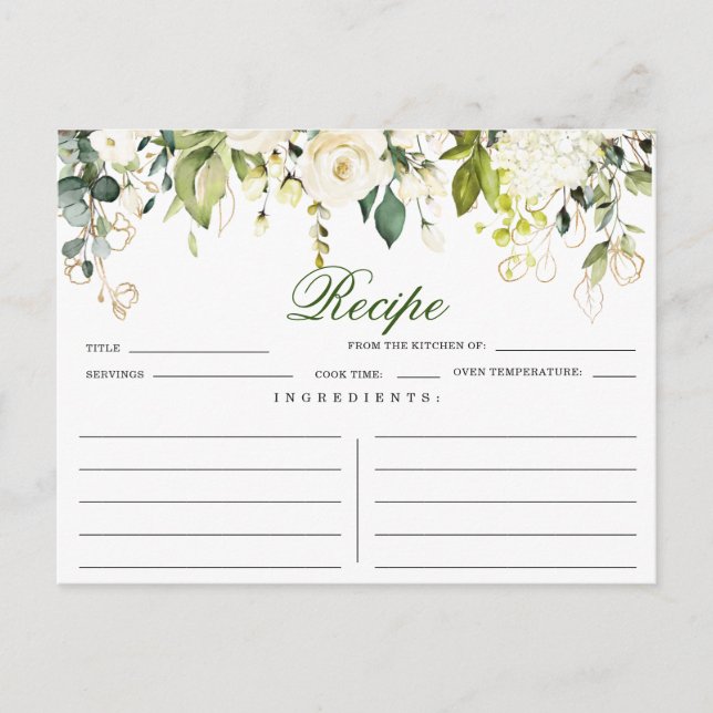 Ivory White Roses Floral Bridal Shower Recipe Card (Front)
